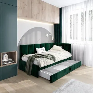 Łóżko młodzieżowe AURA 2 120x200 zielone z tapicerowanym panelem L i szufladą