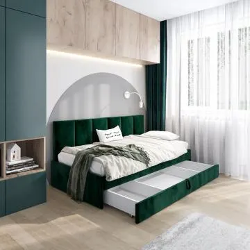 Łóżko młodzieżowe SORA 2 100x200 zielone z tapicerowanym panelem i szufladą