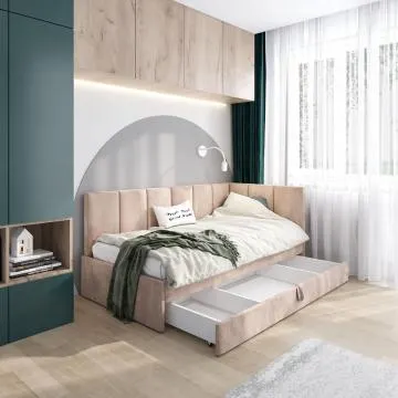 Łóżko młodzieżowe AURA 2 120x200 beżowe z tapicerowanym panelem L i szufladą