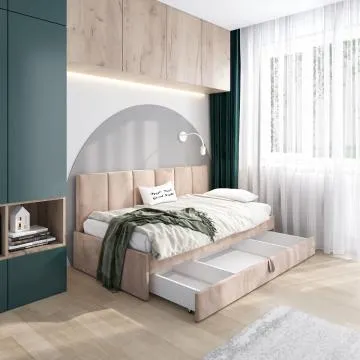 Łóżko młodzieżowe SORA 2 120x200 beżowe z tapicerowanym panelem i szufladą
