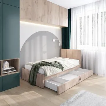 Łóżko młodzieżowe VIVO 2 100x200 beżowe z tapicerowanym panelem i szufladą