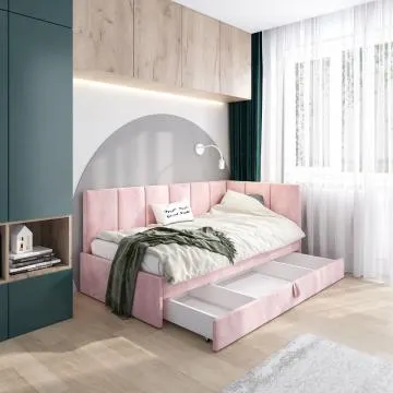 Łóżko młodzieżowe AURA 2 100x200 różowe z tapicerowanym panelem L i szufladą