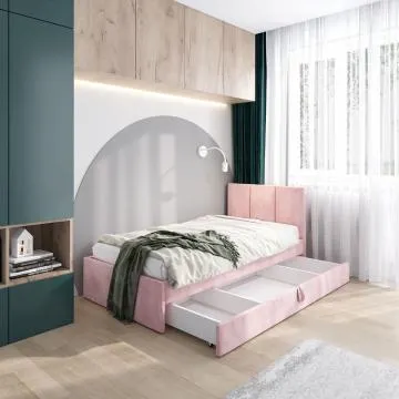 Łóżko młodzieżowe VIVO 2 90x200 różowe z tapicerowanym panelem i szufladą