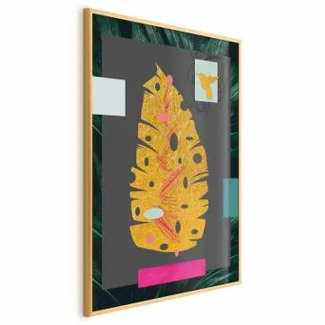 Plakat złotą liść 21x30 cm z ramą złotą bez marginesu