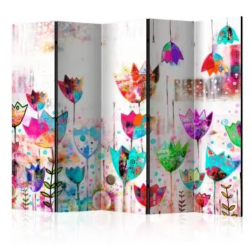 Parawan dwustronny Kwiaty 225x172 cm 5-częściowy turkusowy