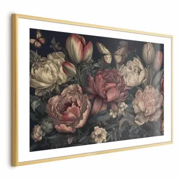 Plakat Kwiaty na turkusowym tle 60x40 cm z ramą złotą z marginesem