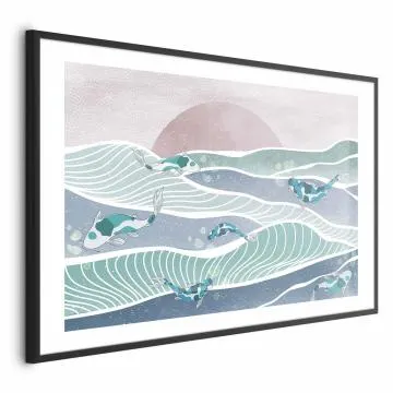 Plakat Ryby na falach 30x21 cm z ramą czarną z marginesem
