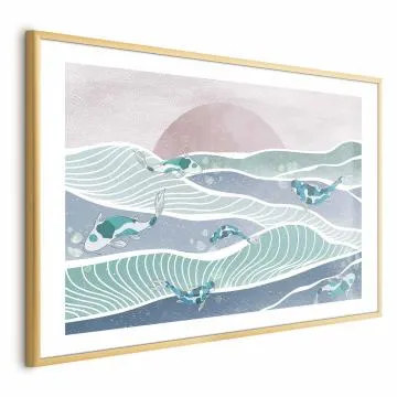 Plakat Ryby na falach 60x40 cm z ramą złotą z marginesem