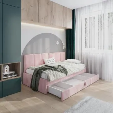 Łóżko młodzieżowe SORA 2 80x200 różowe z tapicerowanym panelem i szufladą