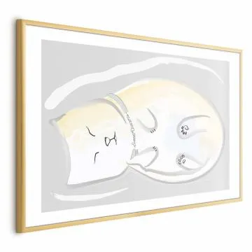 Plakat Śpiący kotek 30x21 cm z ramą złotą z marginesem