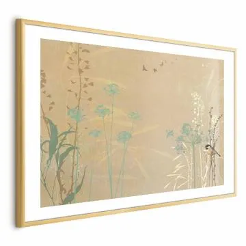 Plakat Ptaszek na łące 30x21 cm z ramą złotą z marginesem