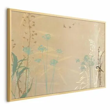 Plakat Ptaszek na łące 30x21 cm z ramą złotą bez marginesu