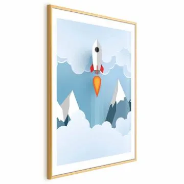 Plakat Rakieta w chmurach 40x60 cm z ramą złotą z marginesem