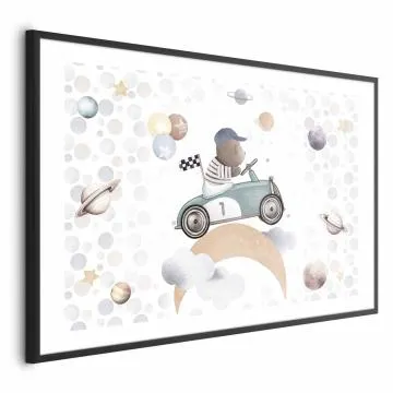 Plakat Miś w wyścigówce 60x40 cm z ramą czarną z marginesem