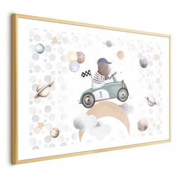 Plakat Miś w wyścigówce 30x21 cm z ramą złotą z marginesem