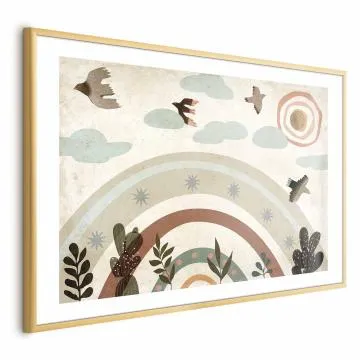 Plakat Tęcza i ptaki 60x40 cm z ramą złotą z marginesem