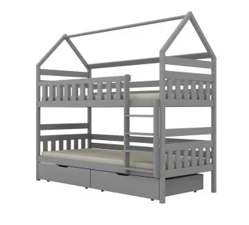 Łóżko piętrowe domek FELIKS 160x80 szare drewniane z szufladami