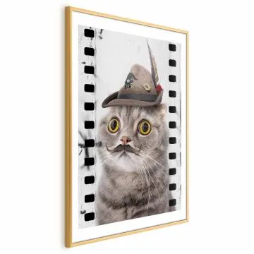 Plakat Kot w kapeluszu 60x90 cm z ramą złotą z marginesem