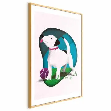 Plakat Pies i piłka 40x60 cm z ramą złotą z marginesem