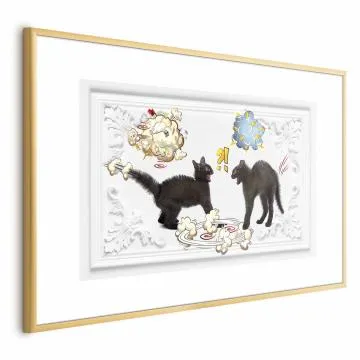 Plakat Kocia kłótnia 90x60 cm z ramą złotą z marginesem