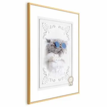 Plakat Kot w okularach 21x30 cm z ramą złotą z marginesem