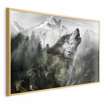 Plakat Wyjący wilk 30x21 cm z ramą złotą bez marginesu