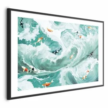 Plakat Ryby i fale 42x29,7 cm z ramą czarną z marginesem