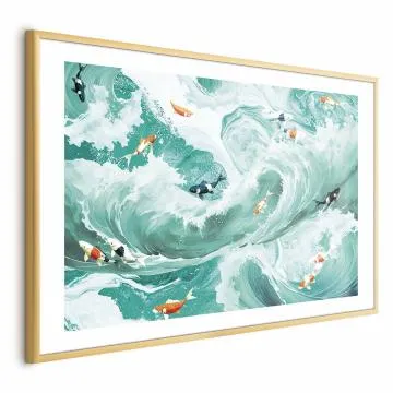 Plakat Ryby i fale 90x60 cm z ramą złotą z marginesem