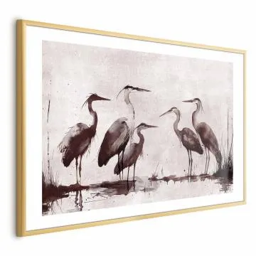 Plakat Malowane czaple 30x21 cm z ramą złotą z marginesem