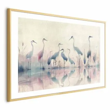 Plakat Ptaki nad jeziorem 30x21 cm z ramą złotą z marginesem