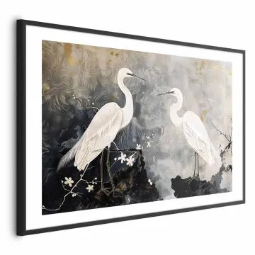 Plakat Czaple i kwiat wiśni 30x21 cm z ramą czarną z marginesem