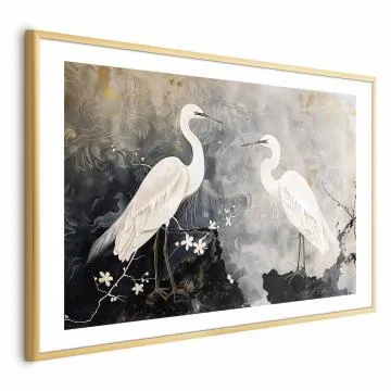 Plakat Czaple i kwiat wiśni 30x21 cm z ramą złotą z marginesem
