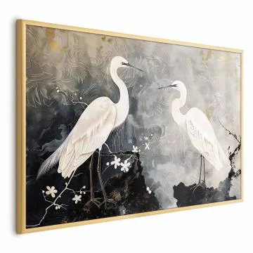 Plakat Czaple i kwiat wiśni 30x21 cm z ramą złotą bez marginesu