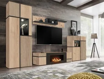 Meblościanka CROSS LED hickory jackson/czarna z biokominkiem
