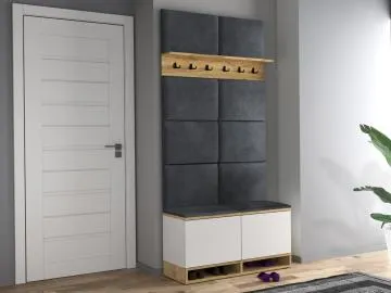 Szafka na buty z siedziskiem i wieszakiem DUBAI biała/dąb craft/szara