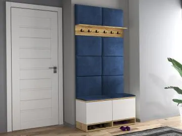 Szafka na buty z siedziskiem i wieszakiem DUBAI biała/dąb craft/granatowa
