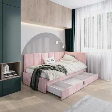 Łóżko młodzieżowe AURA 2 90x200 różowe z tapicerowanym panelem L i szufladą