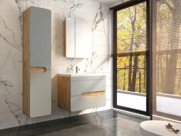 Szafka łazienkowa LOFT 35 wysoka z koszem szary mat/dąb - powystawowy
