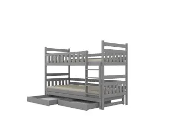 Łóżko piętrowe BARTEK 160x80 szare drewniane trzyosobowe z szufladami