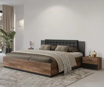 Łóżko SIGMA 180x200 dąb flagstaff miedziany/czarny mat z tapicerowanym zagłówkiem