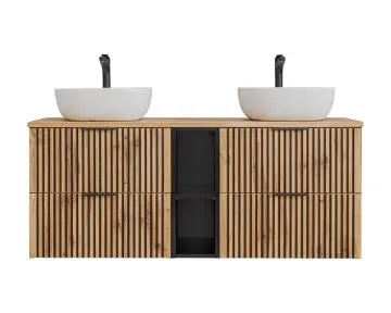 Szafka pod umywalkę nablatową XILO BLACK WOTAN 82 czarna/dąb x2 + regał - zestaw 140 cm z blatem